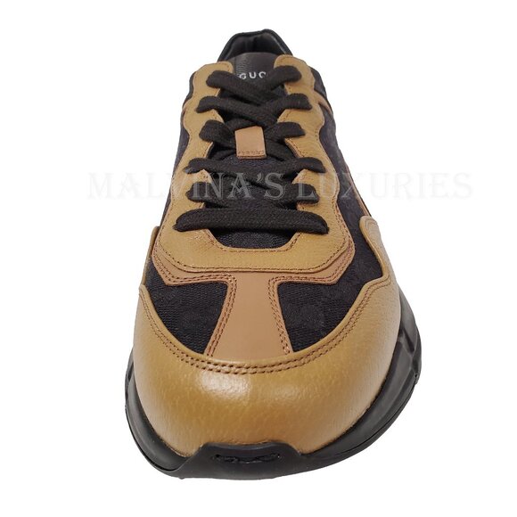 GUCCI SNEAKERS MENS RHYTON BLACK GG SUPREME BROWN LEATHER SHOES sz 8 8.5 - Picture 6 of 16